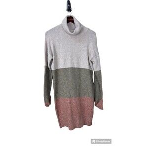 Rachel Roy Women XS Turtle Neck Sweater Dress Beige Red Stripe Long Sleeve T4